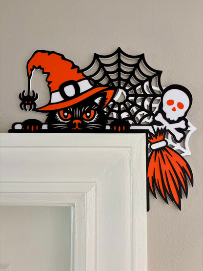 Cat, Skull, and Broom Halloween Door Window Corner Topper