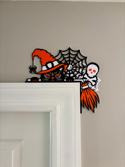 Cat, Skull, and Broom Halloween Door Window Corner Topper