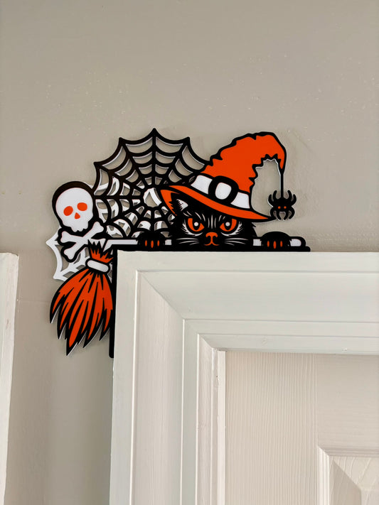 Cat, Skull, and Broom Halloween Door Window Corner Topper