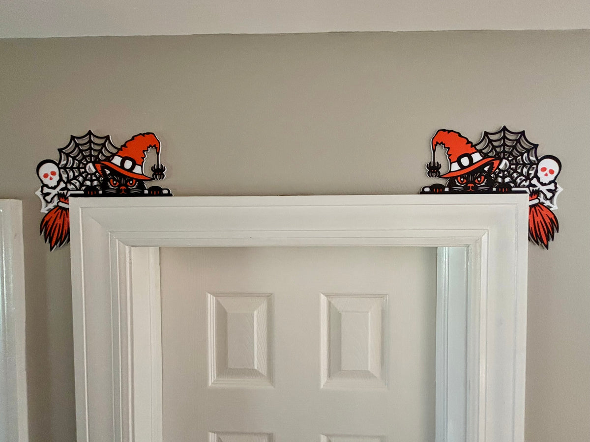 Cat, Skull, and Broom Halloween Door Window Corner Topper