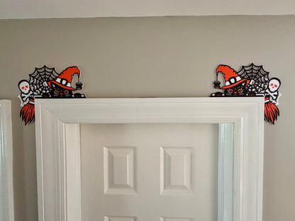Cat, Skull, and Broom Halloween Door Window Corner Topper