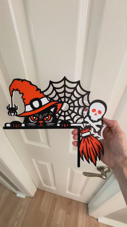 Cat, Skull, and Broom Halloween Door Window Corner Topper